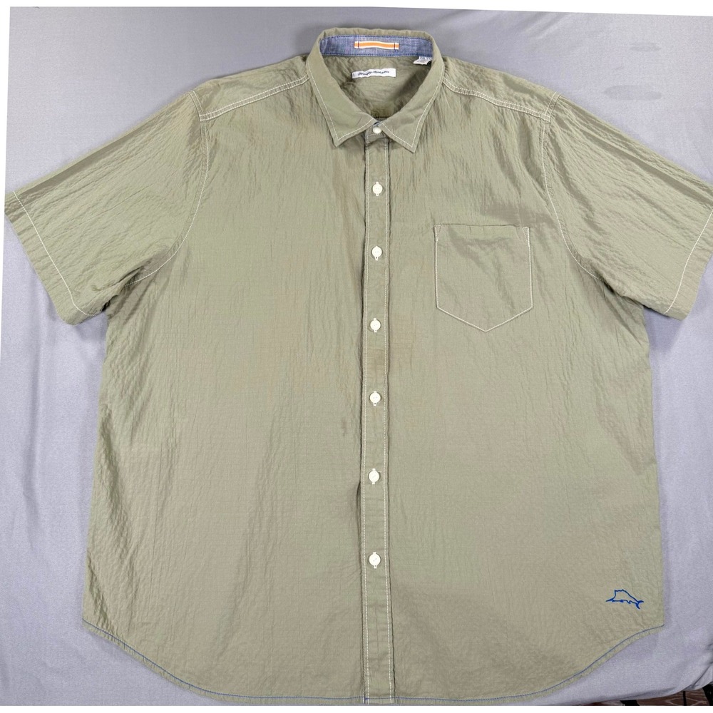 Tommy‎ Bahama Men's XXL Olive Green Short Sleeve Button Shirt Cotton Stretch